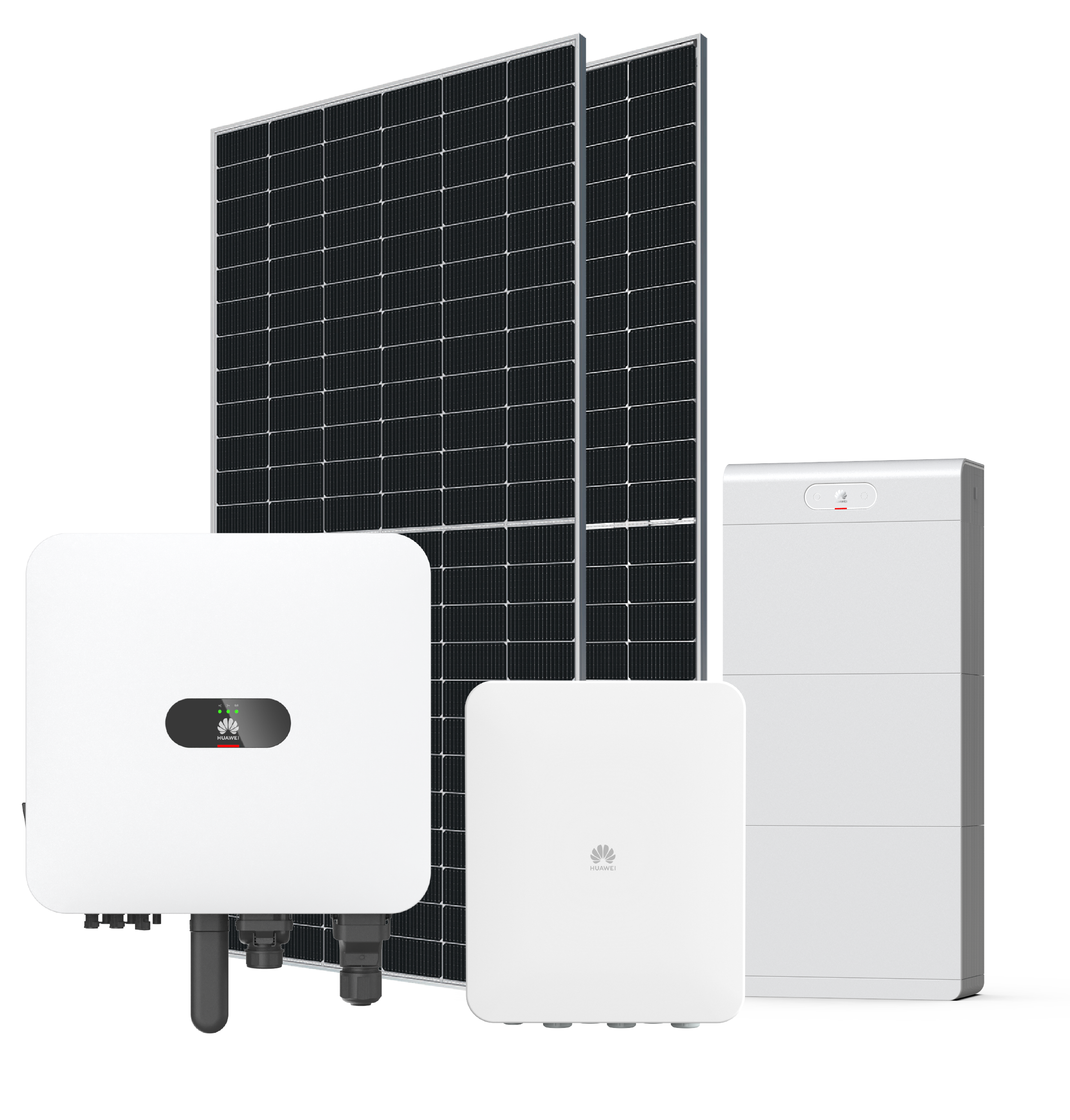 Bộ giải pháp điện mặt trời Huawei gồm tấm pin, biến tần và hệ thống lưu trữ