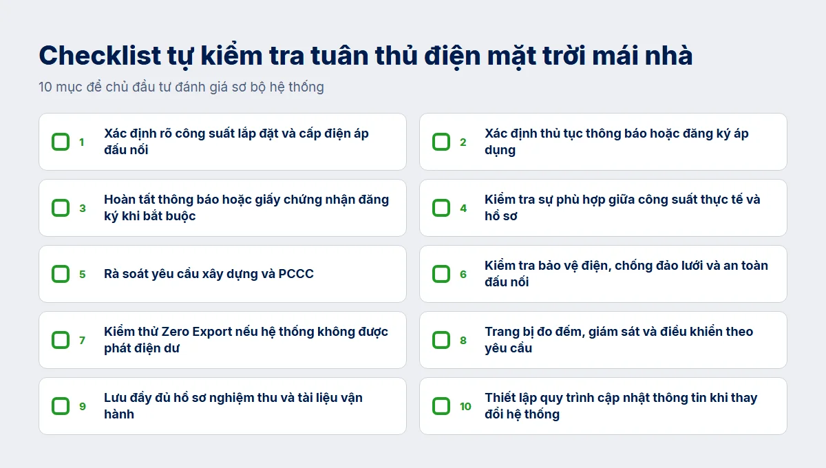 Checklist tự kiểm tra tuân thủ điện mặt trời mái nhà