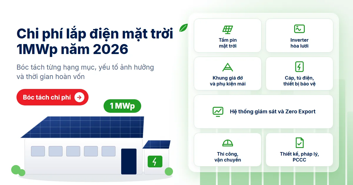 Chi phí lắp điện mặt trời 1MWp năm 2026: Bóc tách từng hạng mục