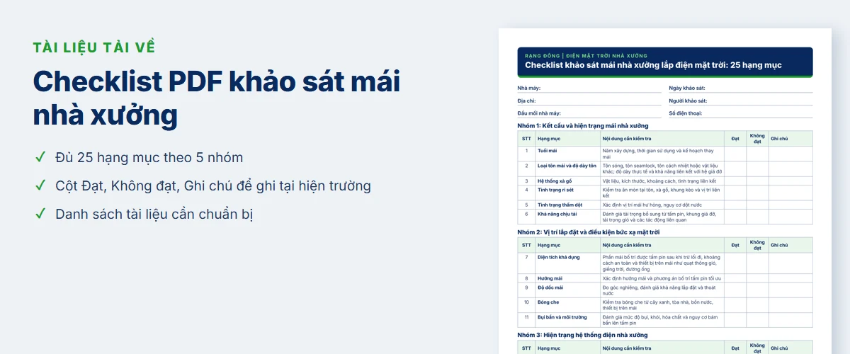 Checklist PDF khảo sát mái nhà xưởng lắp điện mặt trời