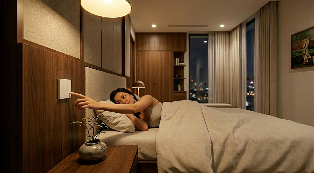Công tắc không dây không pin đặt gần đầu giường tiện bật tắt đèn