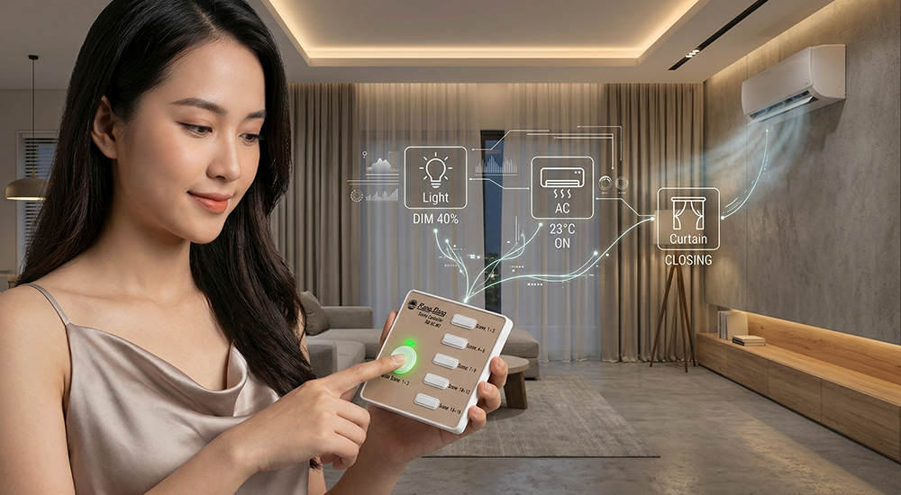 Bảng điều khiển cảnh nhà thông minh kích hoạt nhiều thiết bị cùng lúc Bảng điều khiển cảnh nhà thông minh kích hoạt nhiều thiết bị cùng lúc