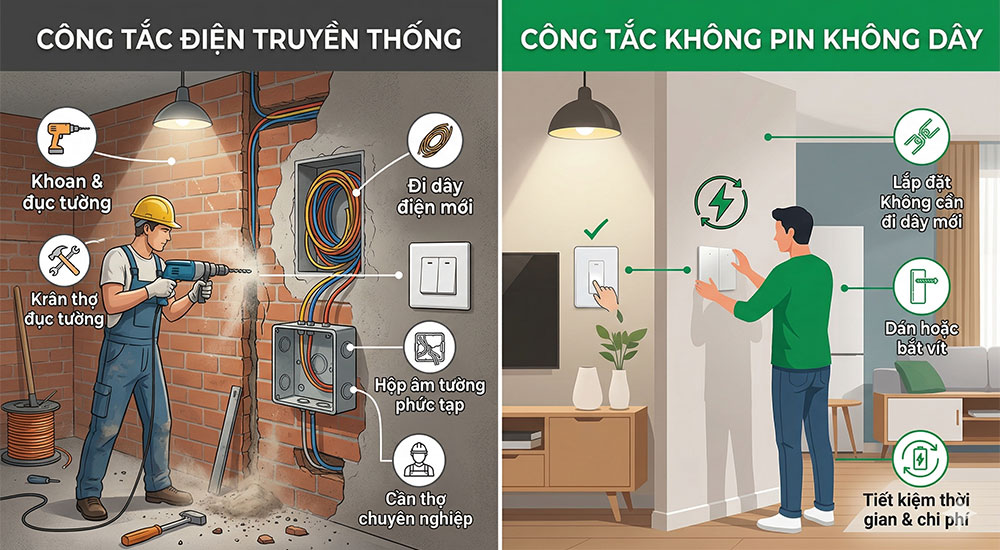 so sánh công tắc truyền thống và công tắc không pin không dây