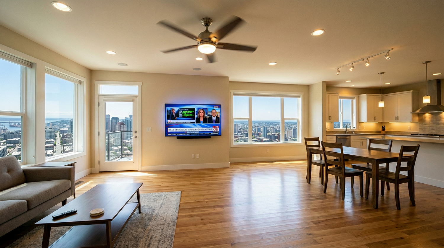 Đèn quạt và tivi vẫn bật khi không có người trong nhà gây lãng phí điện năng Đèn quạt và tivi vẫn bật khi không có người trong nhà gây lãng phí điện năng