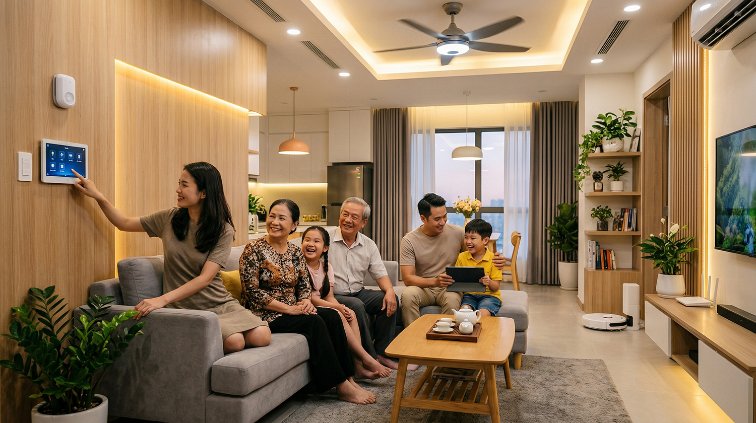 Gia đình tận hưởng không gian sống tiện nghi với các thiết bị nhà thông minh tự động