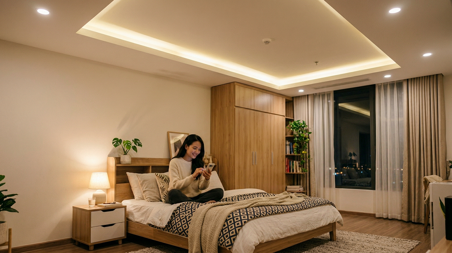 Người dùng điều khiển đèn bằng điện thoại trong phòng ngủ nhà thông minh