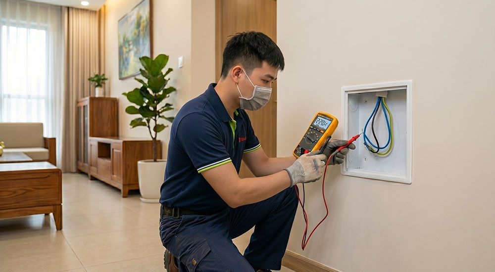 Kiểm tra dây nguội và đế âm trước khi lắp công tắc thông minh