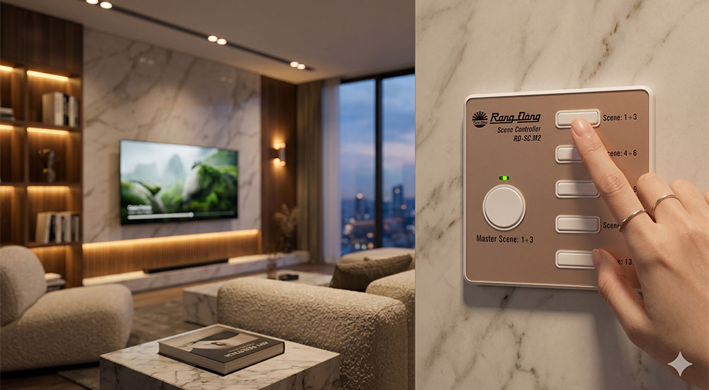 bảng điều khiển cảnh thông minh trong không gian sống hiện đại