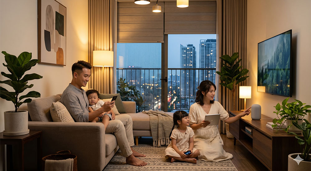 gia đình trẻ trải nghiệm nhà thông minh trong căn hộ hiện đại