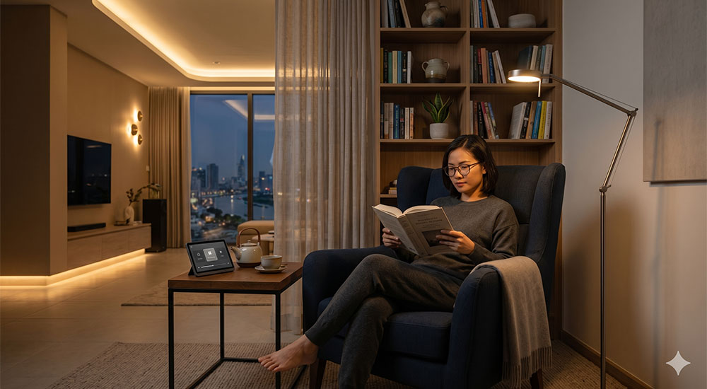 không gian đọc sách thư giãn với ánh sáng thông minh