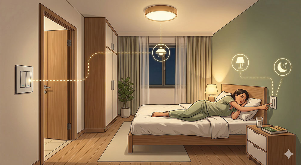 bố trí công tắc phòng ngủ gần cửa và đầu giường